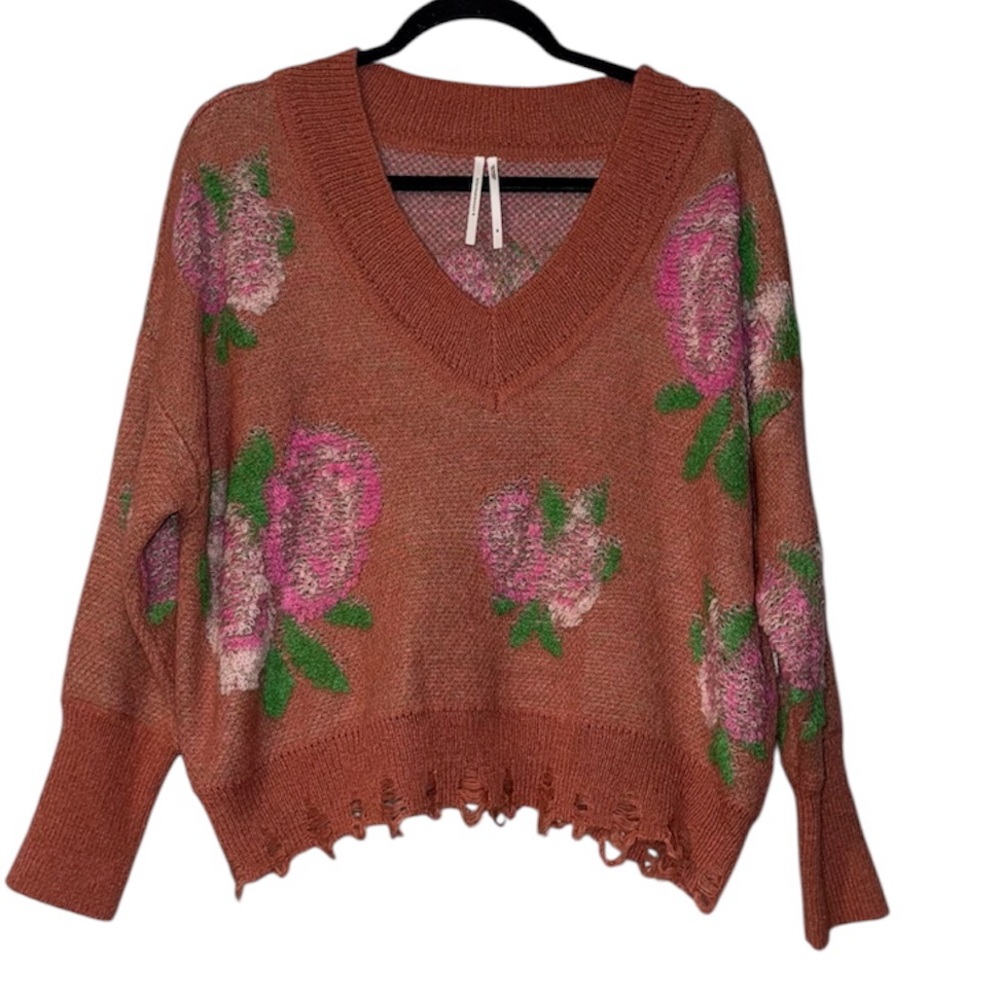 Anthropologie Rust Floral V-Neck Sweater with Pink & Green Accents - Picture 3 of 3